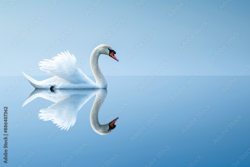 Fototapeta premium Calm Lake Scene with Gliding Swan