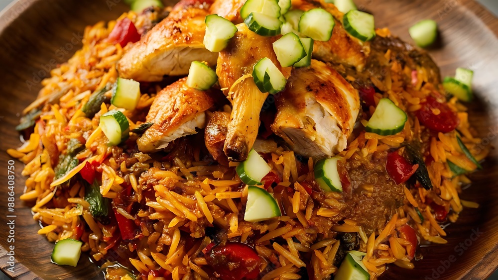 A bowl of tasty African Jollof Rice garnished with some chopped cucumbers and pieces of roasted chicken A bowl of tasty African Jollof Rice garnished with some chopped cucumbers and pieces of roasted chicken