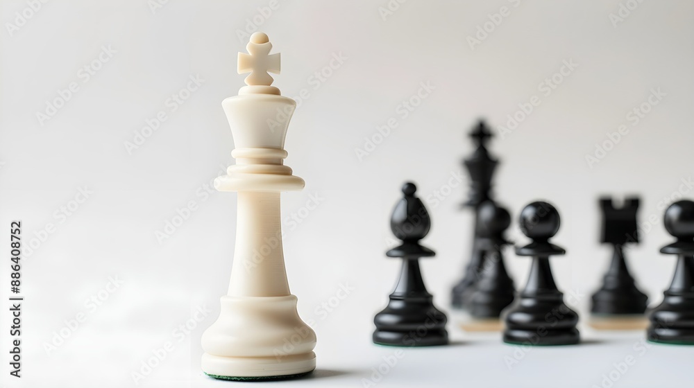 white chess king standig ahead of black pawns, white background white chess king standig ahead of black pawns, white background