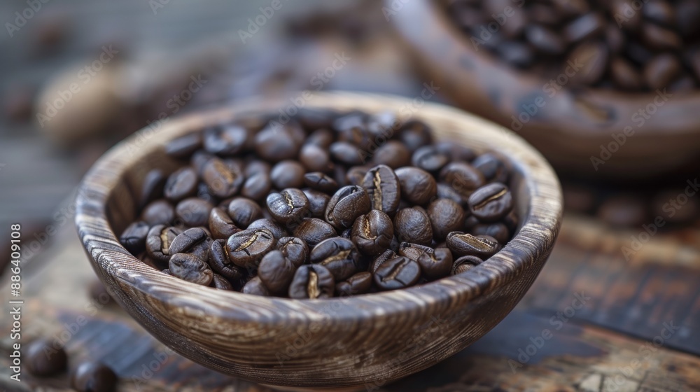 Fototapeta premium Close-Up of Coffee Beans in Wooden Bowl