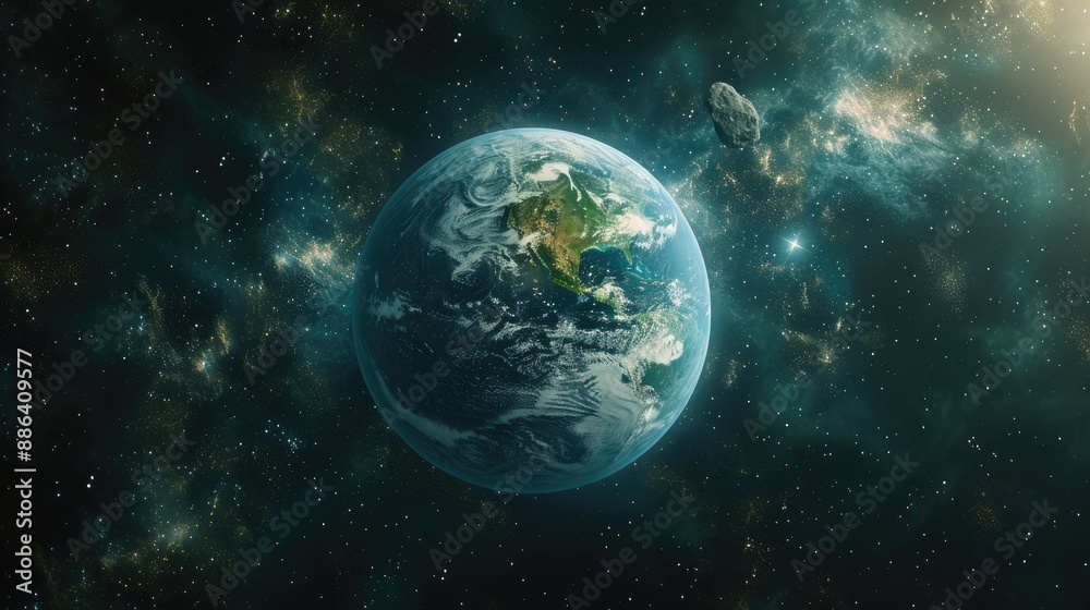 Fototapeta premium Space Peril: Asteroid Near Earth's Orbit