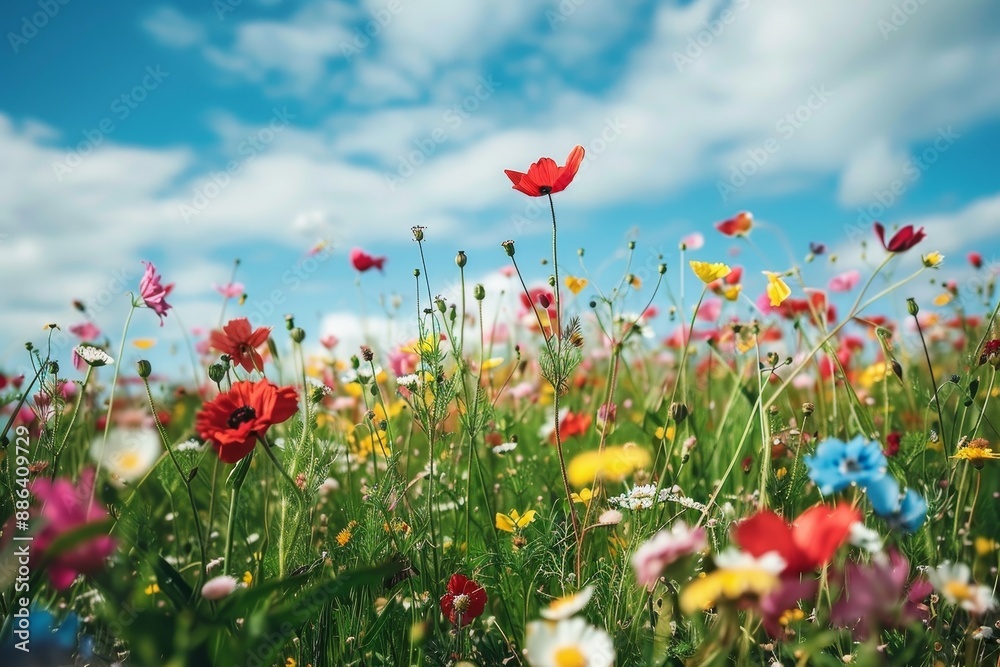 Vibrant flowers bloom in a field, set against a clear blue sky, creating a bright and colorful scene, Dreamy fields of blooming flowers Vibrant flowers bloom in a field, set against a clear blue sky, creating a bright and colorful scene, Dreamy fields of blooming flowers