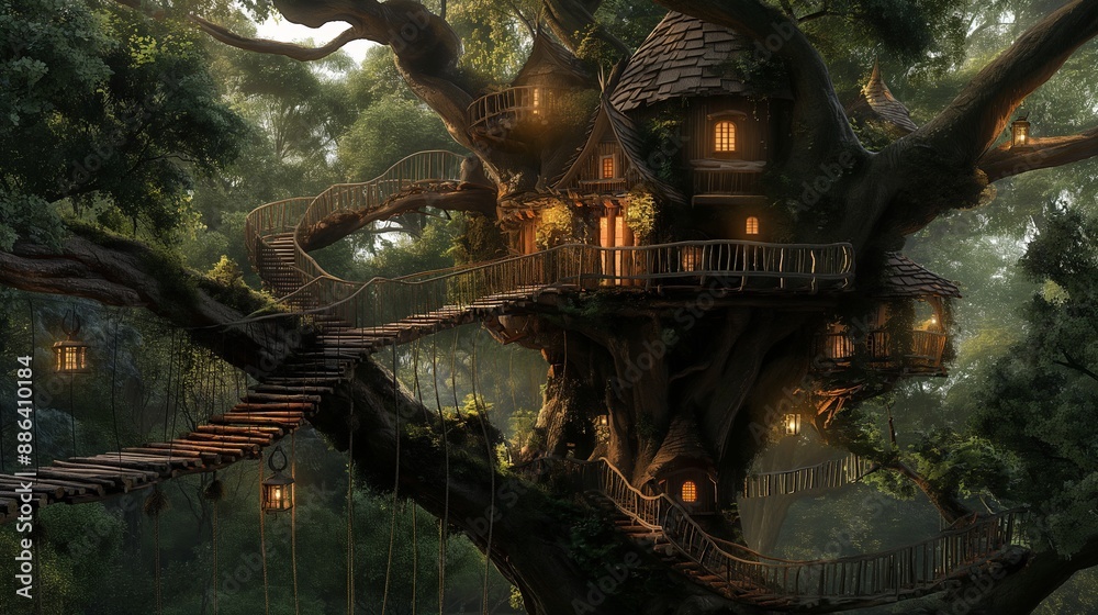 Obraz premium An elaborate treehouse nestled in the branches of a giant, twisting tree.