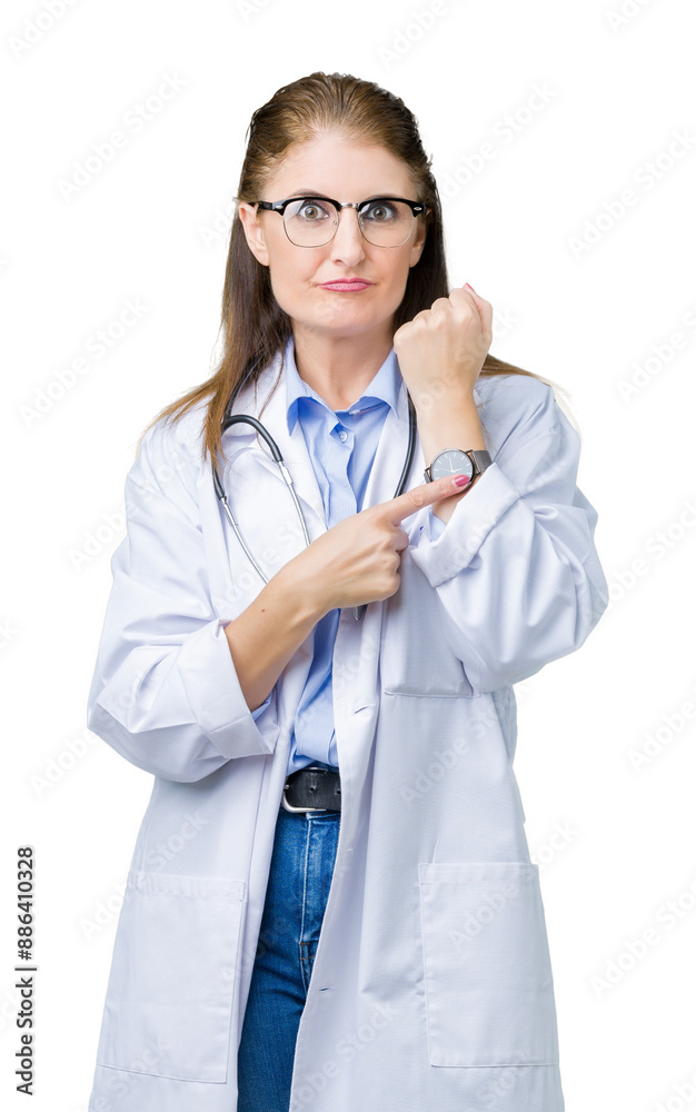 Middle age mature doctor woman wearing medical coat over isolated background In hurry pointing to watch time, impatience, upset and angry for deadline delay Middle age mature doctor woman wearing medical coat over isolated background In hurry pointing to watch time, impatience, upset and angry for deadline delay