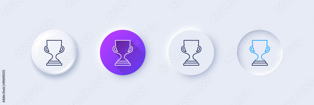 Award cup line icon. Neumorphic, Purple gradient, 3d pin buttons. Winner Trophy symbol. Sports achievement sign. Line icons. Neumorphic buttons with outline signs. Vector Award cup line icon. Neumorphic, Purple gradient, 3d pin buttons. Winner Trophy symbol. Sports achievement sign. Line icons. Neumorphic buttons with outline signs. Vector