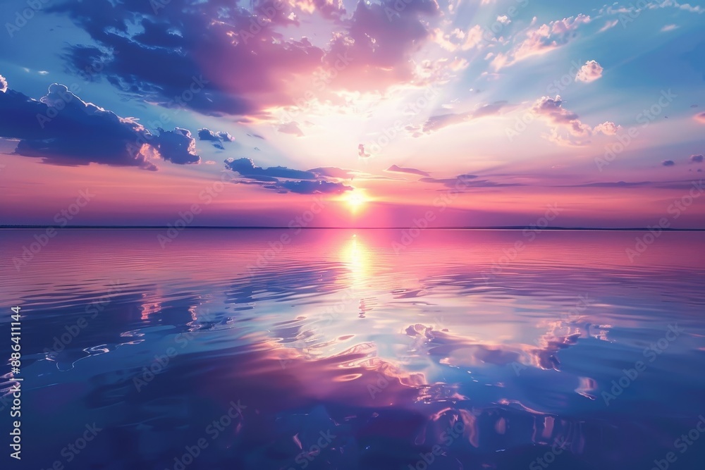A vibrant sunset casting golden hues over a tranquil lake, with reflections shimmering on the waters surface, Dreamy sunset over a calm lake with reflections of the sky