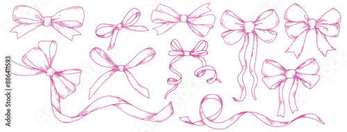 set of illustrations in sketch style. bows, silk ribbon. symbol of the fight against breast cancer, femininity
