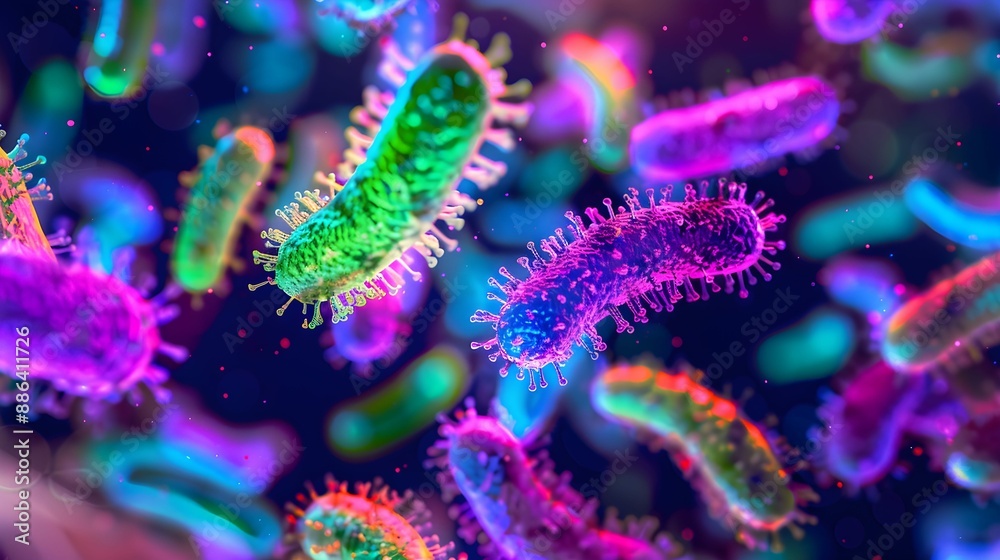 Vibrant close-up of colorful bacteria in a microscopic view. The bacteria are illuminated with vivid neon colors, highlighting their intricate structures. Vibrant close-up of colorful bacteria in a microscopic view. The bacteria are illuminated with vivid neon colors, highlighting their intricate structures.