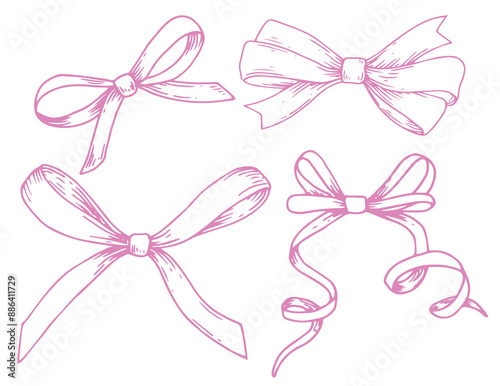 set of illustrations in sketch style. bows, silk ribbon. symbol of the fight against breast cancer, femininity
