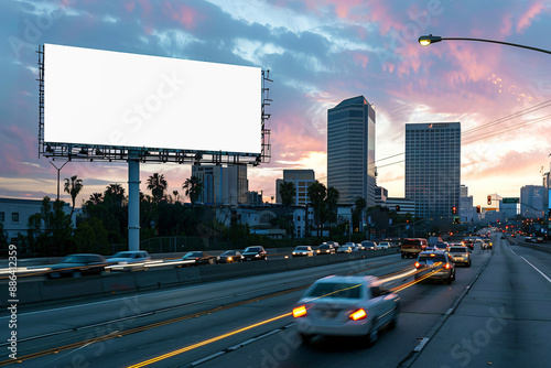 photo of blank billboard near busy highway at evening, city lights,