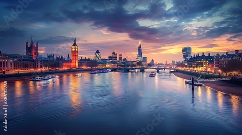 The City of London and the river Thames at night, London cityscape, UK 