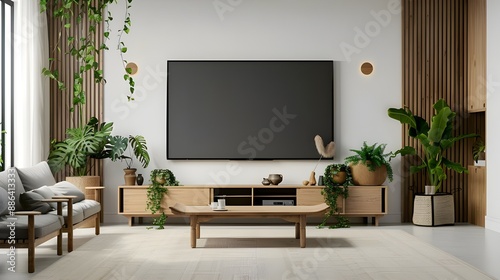 Blank TV screen in a modern living room with wooden furniture and plants, daylight ambiance, interior design concept.