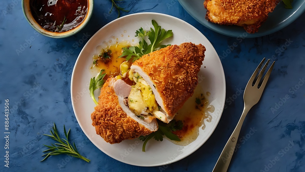 Breaded Chicken Kiev breast stuffed with butter, garlic and herbs. Breaded Chicken Kiev breast stuffed with butter, garlic and herbs.