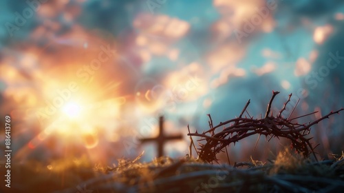 A crown of thorns, a cross in the background, a cloudy day, a ray of light through the clouds.