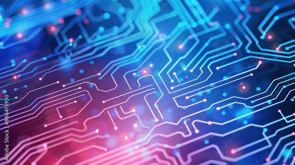 Vibrant circuits glowing in neon colors on a circuit board Vibrant circuits glowing in neon colors on a circuit board