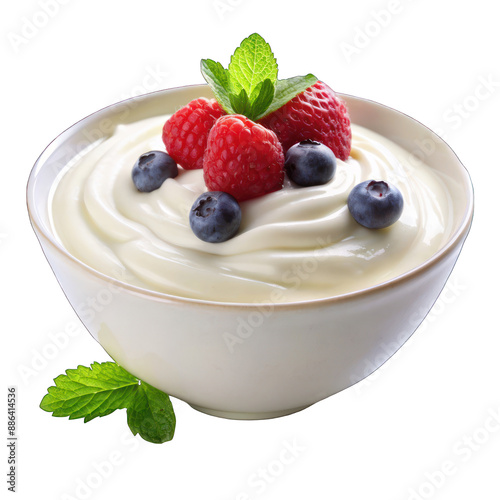 Bowl of yogurt and fresh berries Isolated on Transparent Background