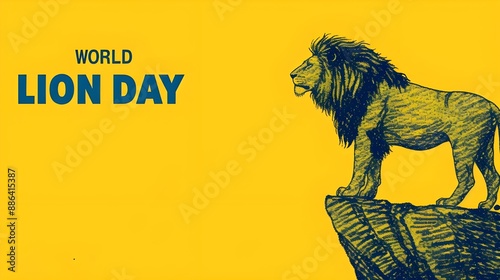 World lion day poster with text world lion day with yellow background, flat illustration photo