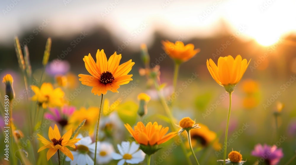 Sunlit meadow filled with colorful wildflowers at sunset. The warm, golden light enhances the vibrant hues of the flowers, creating a tranquil and soothing atmosphere.