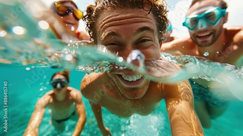 This image shows a group of friends enjoying swimming underwater in a clear, blue water pool. It exudes the fun, refreshing feeling of summer adventure and friendship. photo