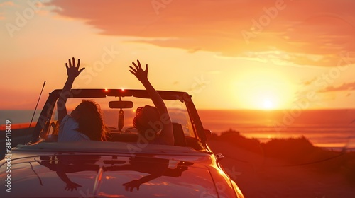 Two people in a car celebrating, with a sunset background, embodying the concept of freedom and travel