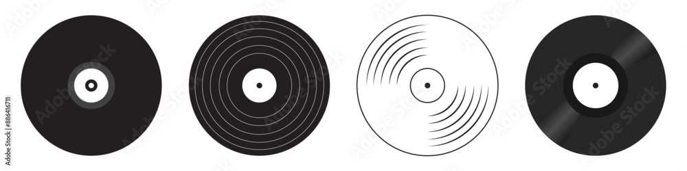 Black and white vinyl record plates icons. Old CDs, music. Black and white vinyl record plates icons. Old CDs, music.