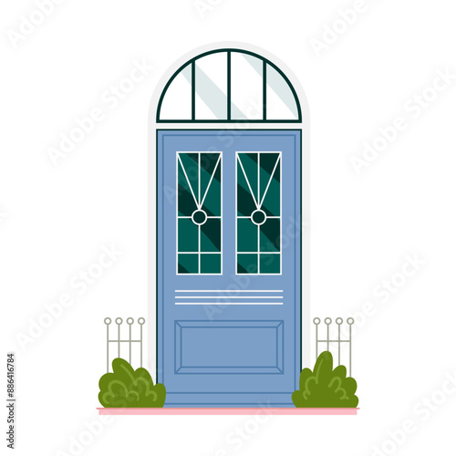 Blue front door with arched window for home entrance exterior and entry from street vector illustration