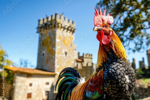 Majestic Portuguese Rooster Galo de Barcelos in Traditional Folk Attire Against Historic Castle Backdrop