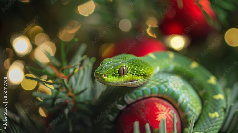 Fototapeta premium A cute green snake on a New Year's card for 2025.