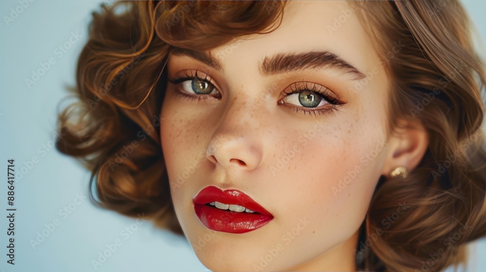 Fototapeta premium Vintage-inspired portrait of a young woman with flawless makeup, curly hair, and bold red lips, showcasing classic beauty and elegance.