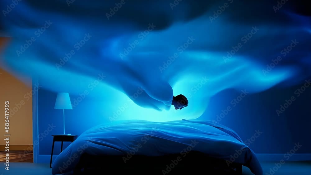 Ethereal blue light projection illuminates dark bedroom. Holographic-like display hovers above bed, casting otherworldly glow on walls and ceiling, creating surreal, futuristic ambiance.	
