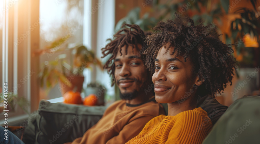 Obraz premium A couple sits on a couch in their home, smiling and looking at the camera.
