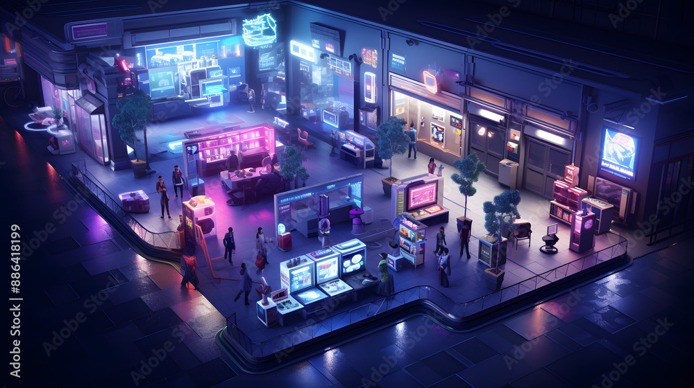 Obraz premium A futuristic cyberpunk city block at night, illuminated by neon signs and streetlights, with people going about their shopping, dining, and entertainment. 