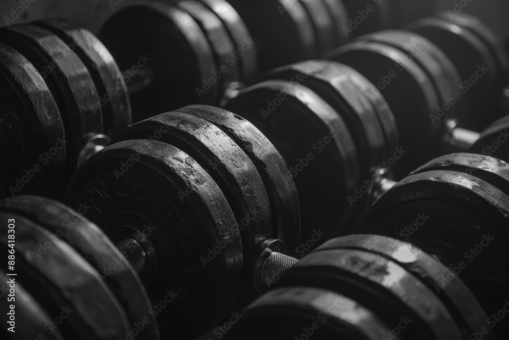 Dumbbells being pressed overhead in a black and white gym setting, Dumbbells being pressed overhead