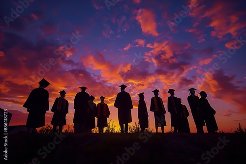 Panoramic view of graduates in silhouette against a vibrant sunset, the dramatic sky highlighting their caps and the significance of their achievement.