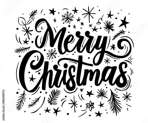 Merry Christmas hand drawn lettering calligraphy on holiday illustration isolated on white background. Merry Christmas script calligraphy for invitation, card, decoration design