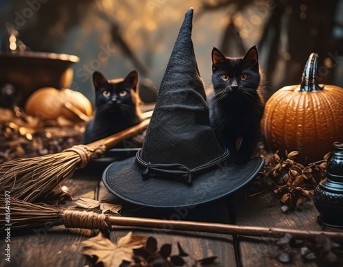 Witches hat with black cats sitting on top of it, Halloween holiday photo