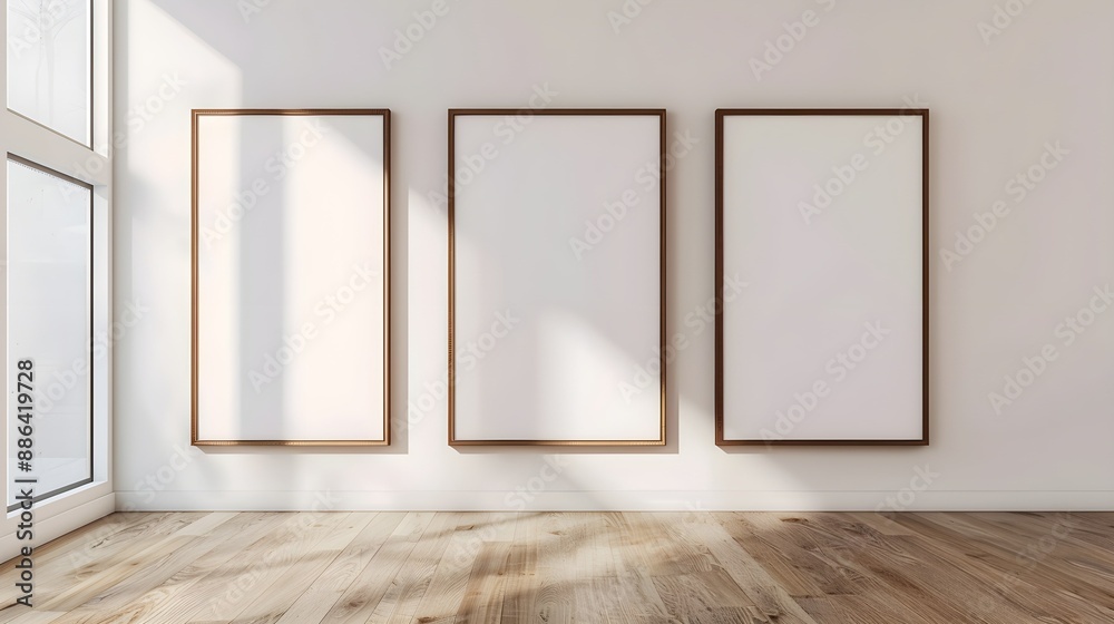 Three framed blank canvases on an elegant wall, in a room with wooden flooring, showcasing a clean and modern display concept Three framed blank canvases on an elegant wall, in a room with wooden flooring, showcasing a clean and modern display concept
