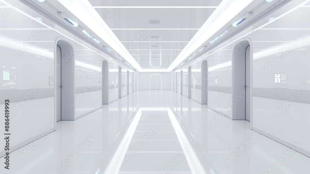 A modern hospital with interactive digital wards and bioluminescent hallways style, flat design illustration, high-resolution photo, realistic photo, cinematography A modern hospital with interactive digital wards and bioluminescent hallways style, flat design illustration, high-resolution photo, realistic photo, cinematography