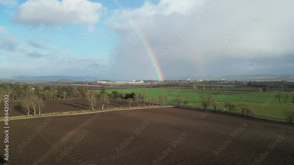 rainbow over field agriculture clouds sunshine sunny agriculture countryside aerial drone upwards shot