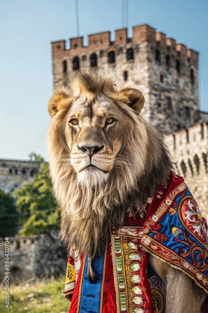 Majestic Bulgarian Lion in Traditional Attire at Historic Fortress