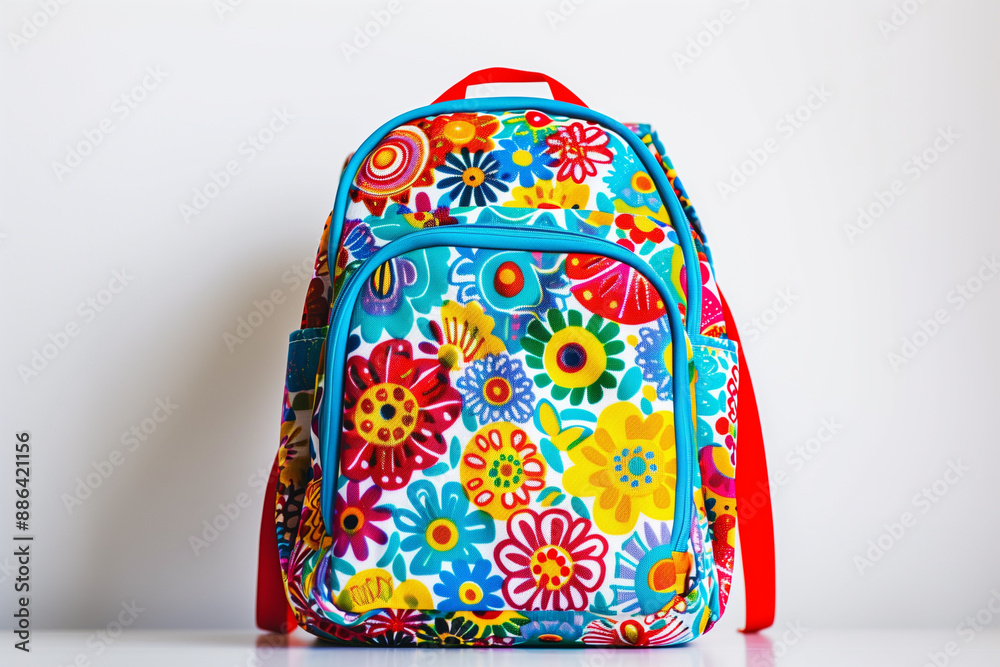 A vibrant, colorful school backpack with a playful pattern, positioned upright on a white surface, highlighting its spacious design and quality zippers. A vibrant, colorful school backpack with a playful pattern, positioned upright on a white surface, highlighting its spacious design and quality zippers.