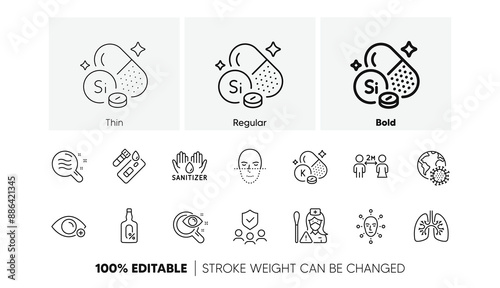 Lungs, Silicon mineral and Coronavirus pandemic line icons. Pack of Vitamin k, Vision test, People insurance icon. Nurse, Social distancing, Hand sanitizer pictogram. Skin condition. Vector