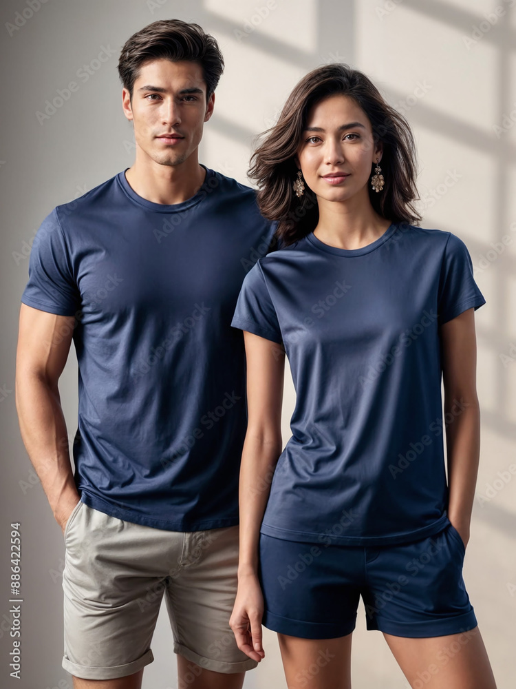 Mockup model Navy plain t-shirt family model mom and dad couple model studio photo shot Mockup model Navy plain t-shirt family model mom and dad couple model studio photo shot