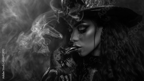 Black Witch talking to a black crow minion. Mysterious dark and goth woman with a raven on smoky black background with copy space. Halloween card, event poster and backgrounds photo