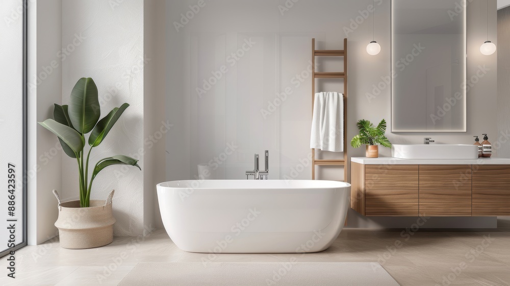 Fototapeta premium A minimalist bathroom in a luxury home with a freestanding tub, floating vanity, and elegant fixtures