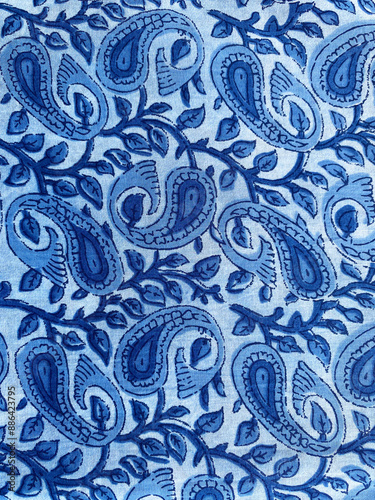 Intricate paisley mughal block printed design on blue cotton fabric