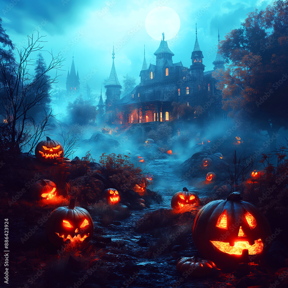 Halloween pumpkin with creepy castle under the moon Halloween pumpkin with creepy castle under the moon