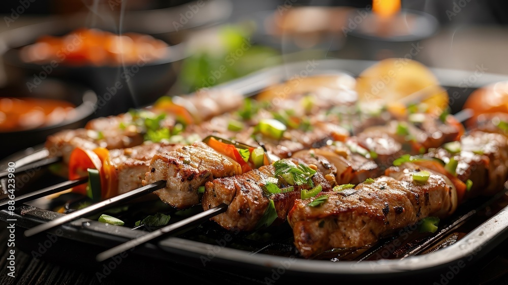 A close-up photo of a juicy kebab, highlighting its succulent meat, flavorful toppings A close-up photo of a juicy kebab, highlighting its succulent meat, flavorful toppings
