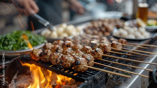 A bustling street food scene in Istanbul, where vendors grill delicious kebabs over charcoa photo