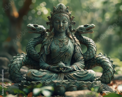 Tranquil Living Buddha in Naga Prok Posture with Serene Expression Surrounded by Seven-Headed Naga Serpent in Peaceful Forest Glade | 8K Resolution